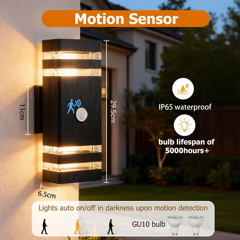 Modern black rectangular outdoor wall light with motion sensor, IP65 waterproof rating, and warm LED light.