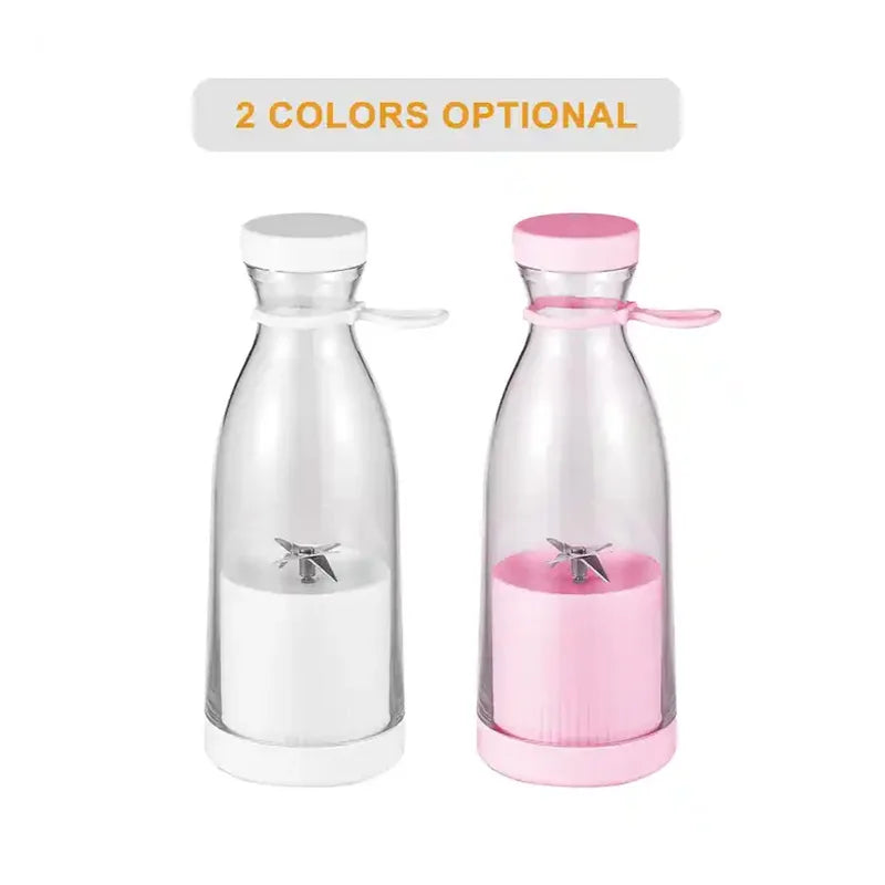 Two portable blenders with clear bottles and base colors in white and pink, each featuring a carry strap.