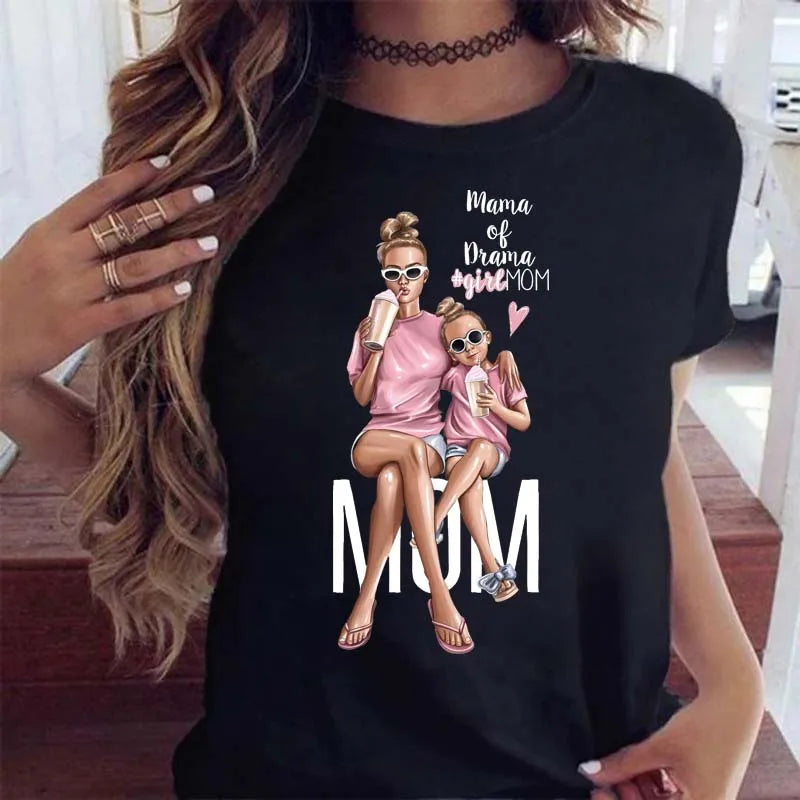 Black short-sleeved crew-neck t-shirt featuring a 'Mama of Drama' graphic with a mother and daughter illustration.