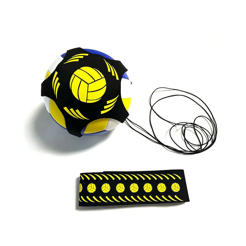 Blue, yellow, and white volleyball in a black elastic harness with a matching waist belt and cord for solo training.