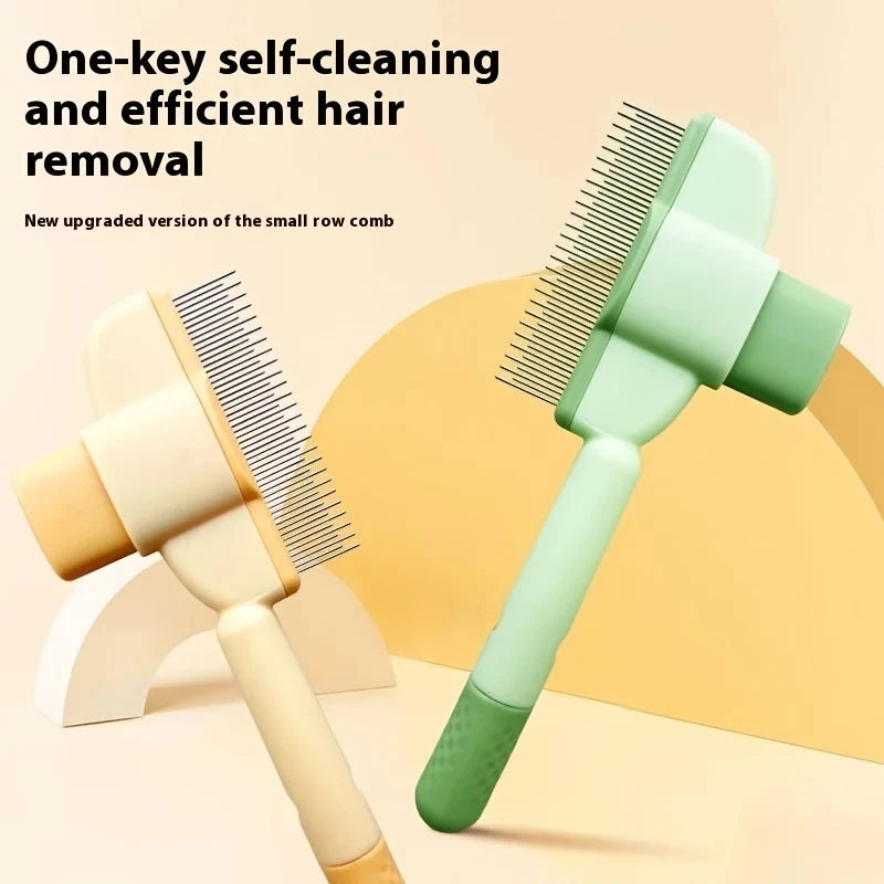 Two self-cleaning pet grooming combs in cream and sage green with fine metal teeth, shown against a cream background.