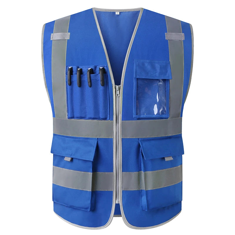 Blue hi-vis safety vest with reflective strips, zip front, multiple tool pockets, and a clear ID window.