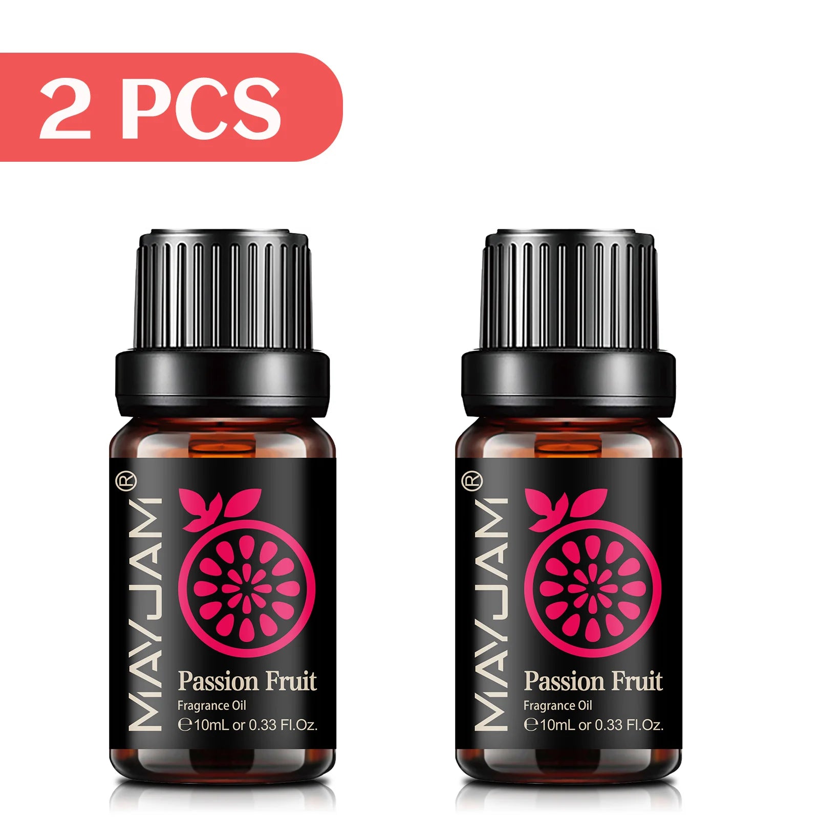 Two 10ml amber glass bottles of passion fruit fragrance oil with black dropper caps and illustrated labels.