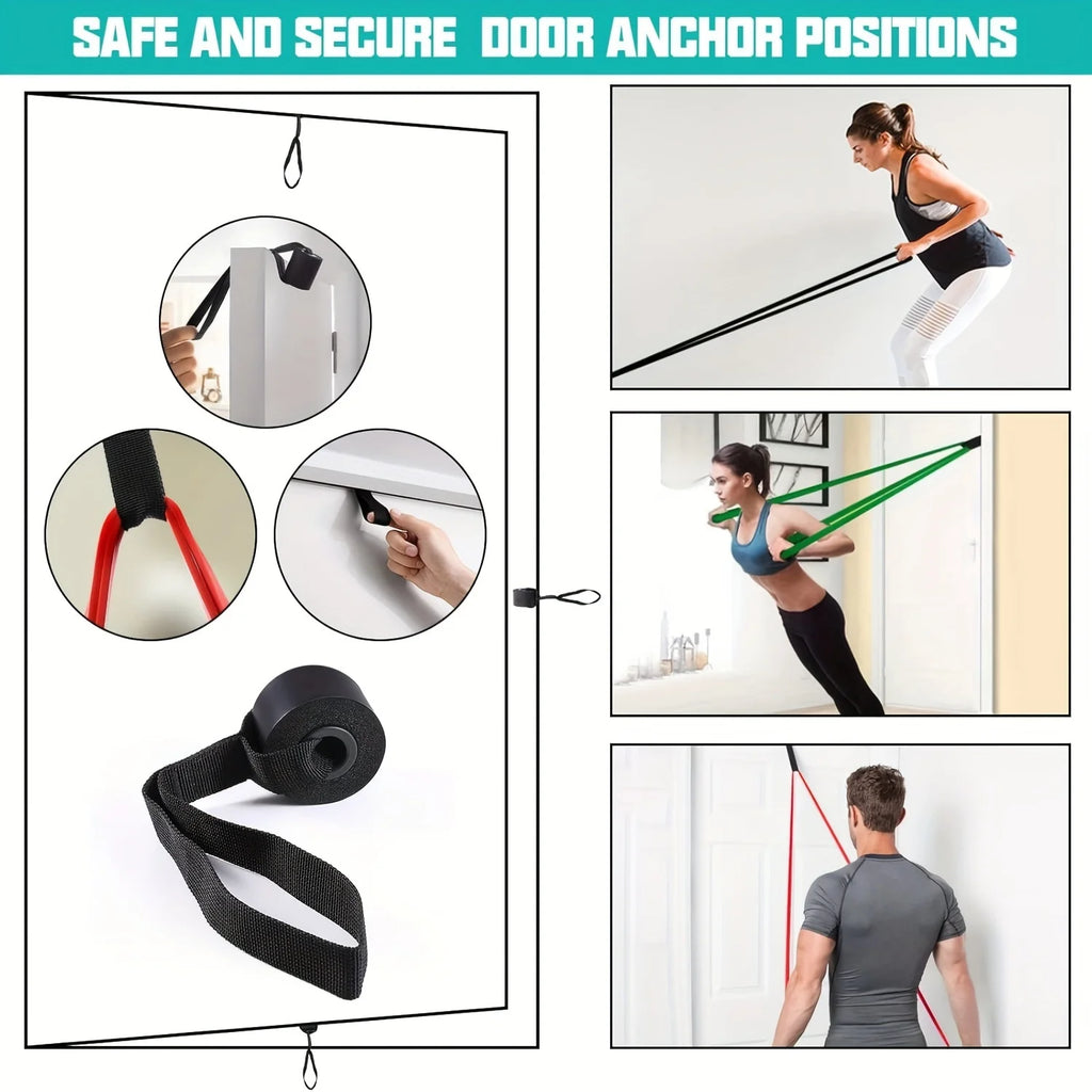 Black resistance band door anchor showing various attachment positions and people exercising with bands.