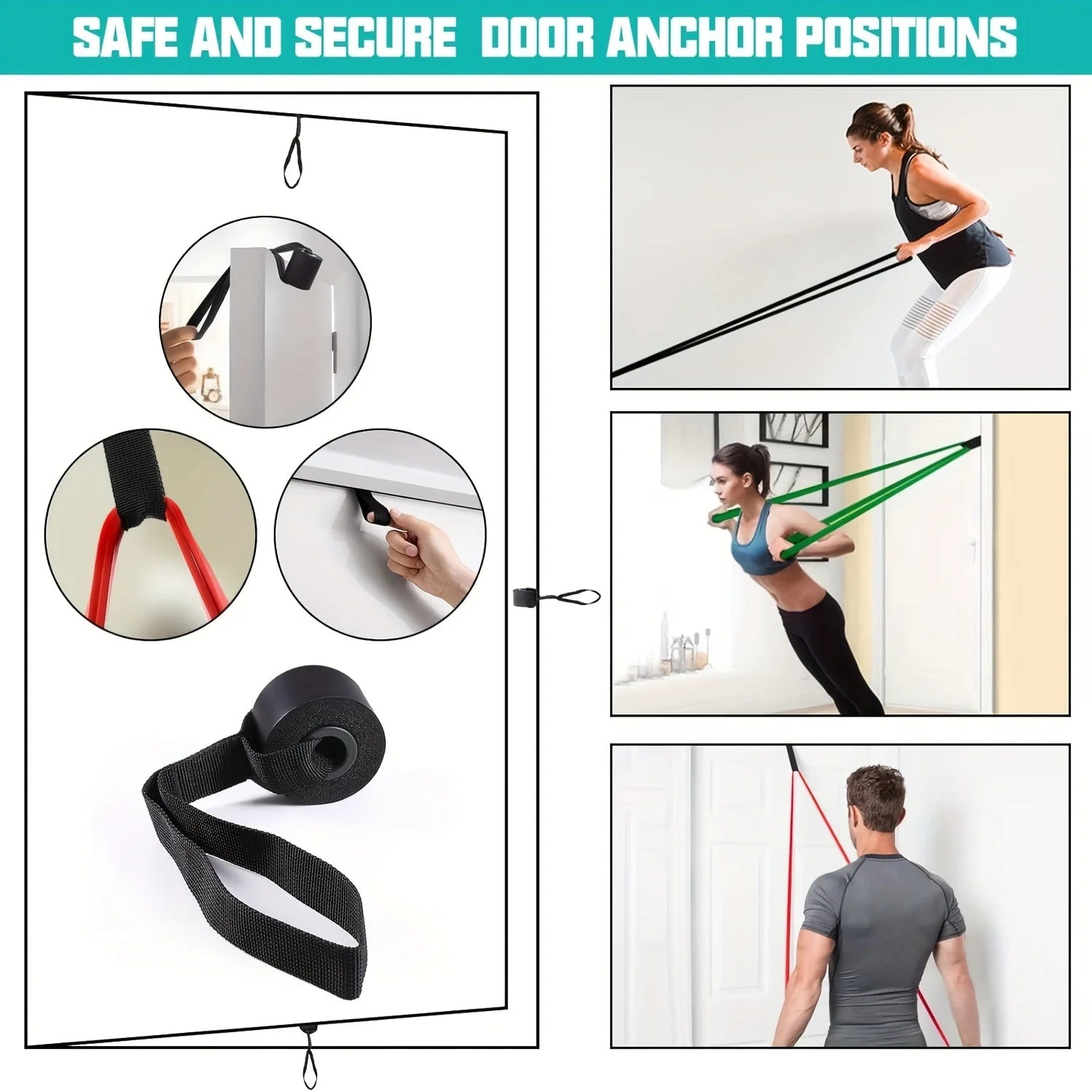 Black resistance band door anchor showing various attachment positions and people exercising with bands.
