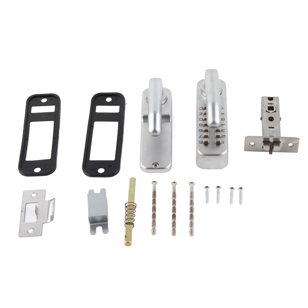 Silver mechanical combination door lock set with keypad, internal handle, latch, gaskets, and mounting hardware.