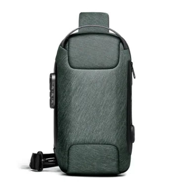 Dark green, anti-theft crossbody chest bag with a sleek, structured design and a built-in USB charging port.