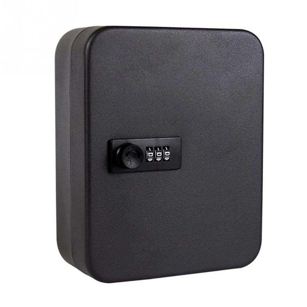 Black rectangular metal lock box with a three-digit combination dial on the front.