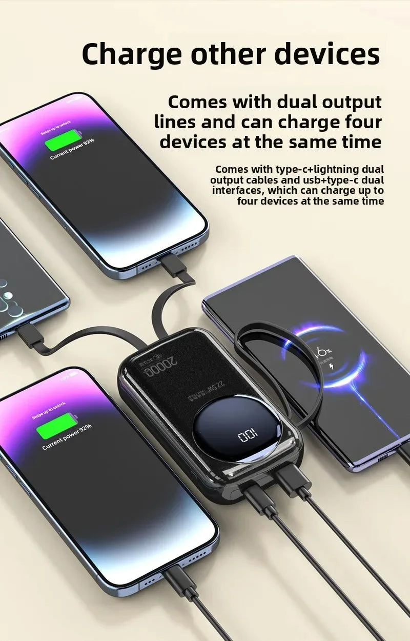 Black 20,000mAh power bank with digital display, fast charging four devices simultaneously via built-in cables and ports.