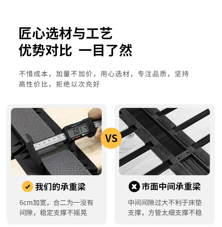 Comparison of a wide, stable bed slat support versus a standard, thin version to highlight build quality.