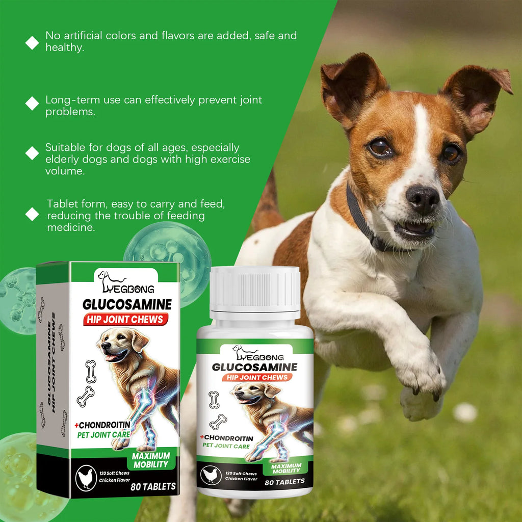 Bottle of chicken-flavored glucosamine hip and joint soft chews for dogs, promoting maximum mobility.