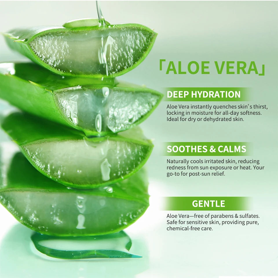 Fresh aloe vera leaves stacked, dripping gel. Text highlights deep hydration, soothing, and gentle skincare benefits.