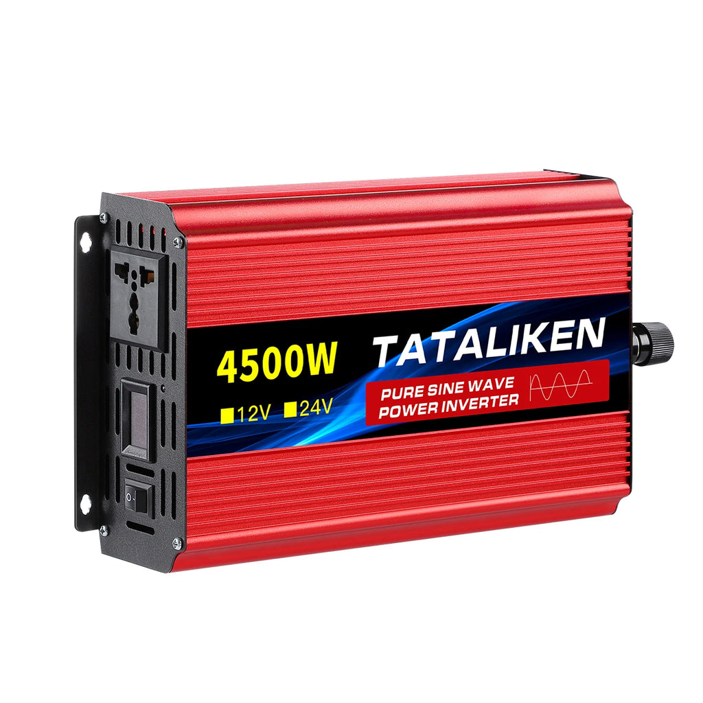 Red 4500W pure sine wave power inverter with ribbed metal casing, AC socket, and power switches on the front panel.