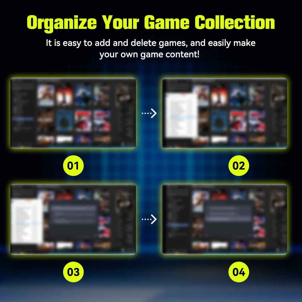 Four blurry UI screenshots demonstrating how to add, delete, and organize games with text menus.