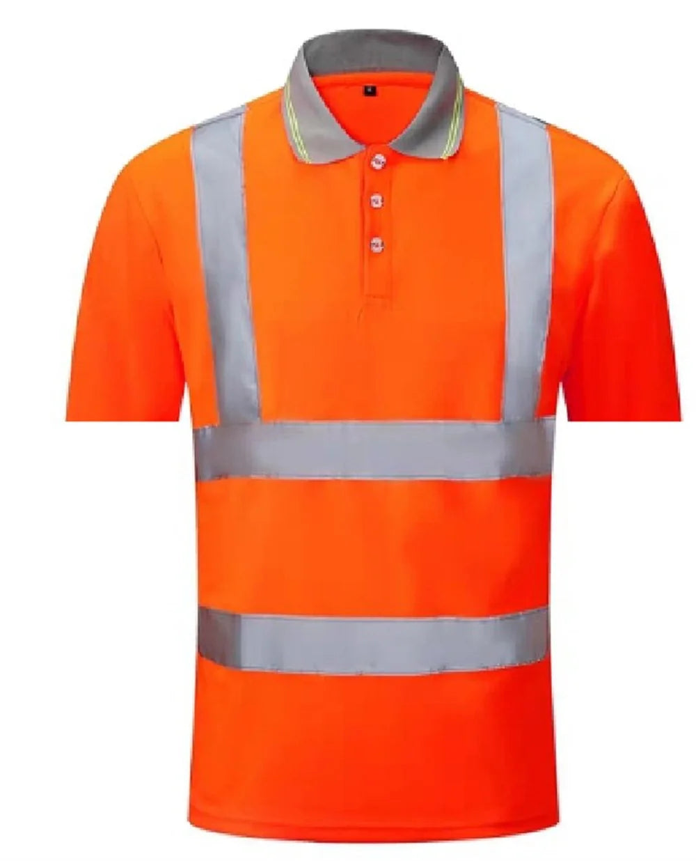 Bright orange high-visibility polo shirt with short sleeves, a grey collar, and reflective silver tape strips.