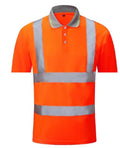 Bright orange high-visibility polo shirt with short sleeves, a grey collar, and reflective silver tape strips.