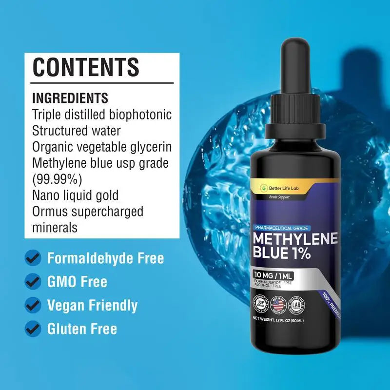 Black dropper bottle of 1% Methylene Blue supplement with list of natural ingredients and quality certifications.