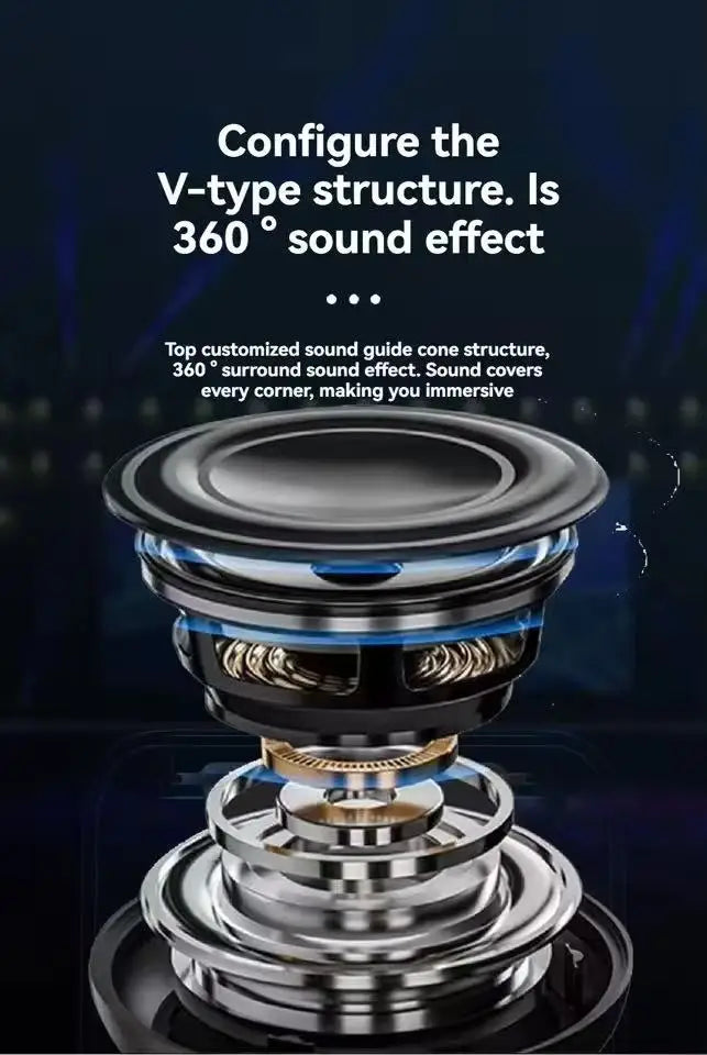 Cross-section view of a black, portable wireless speaker featuring an internal V-type cone for 360° surround sound.