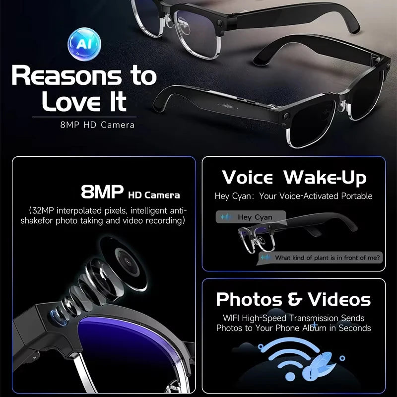 Black smart glasses with integrated 8MP HD camera, AI translation features, voice control, and Wi-Fi photo syncing.