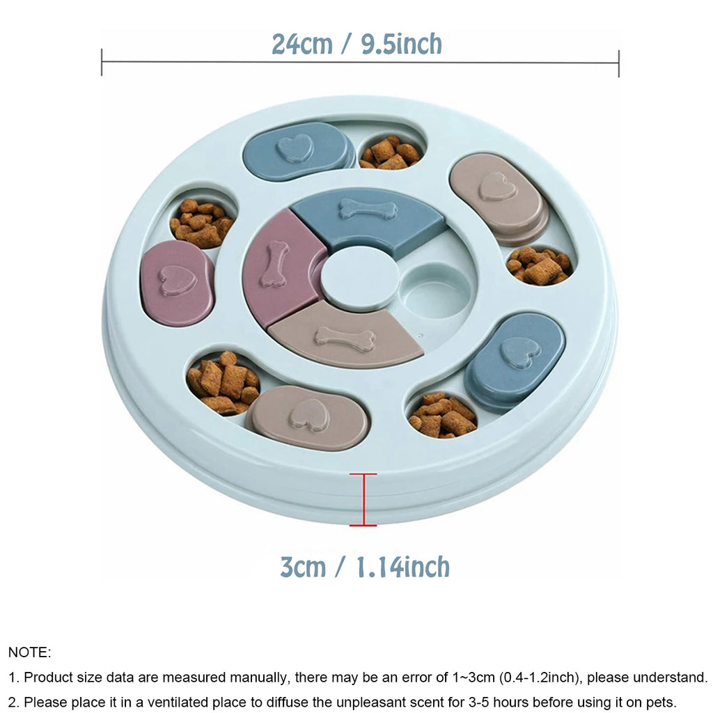 Pastel blue circular interactive dog puzzle bowl with sliding compartments, bone-shaped details, and treat slots.