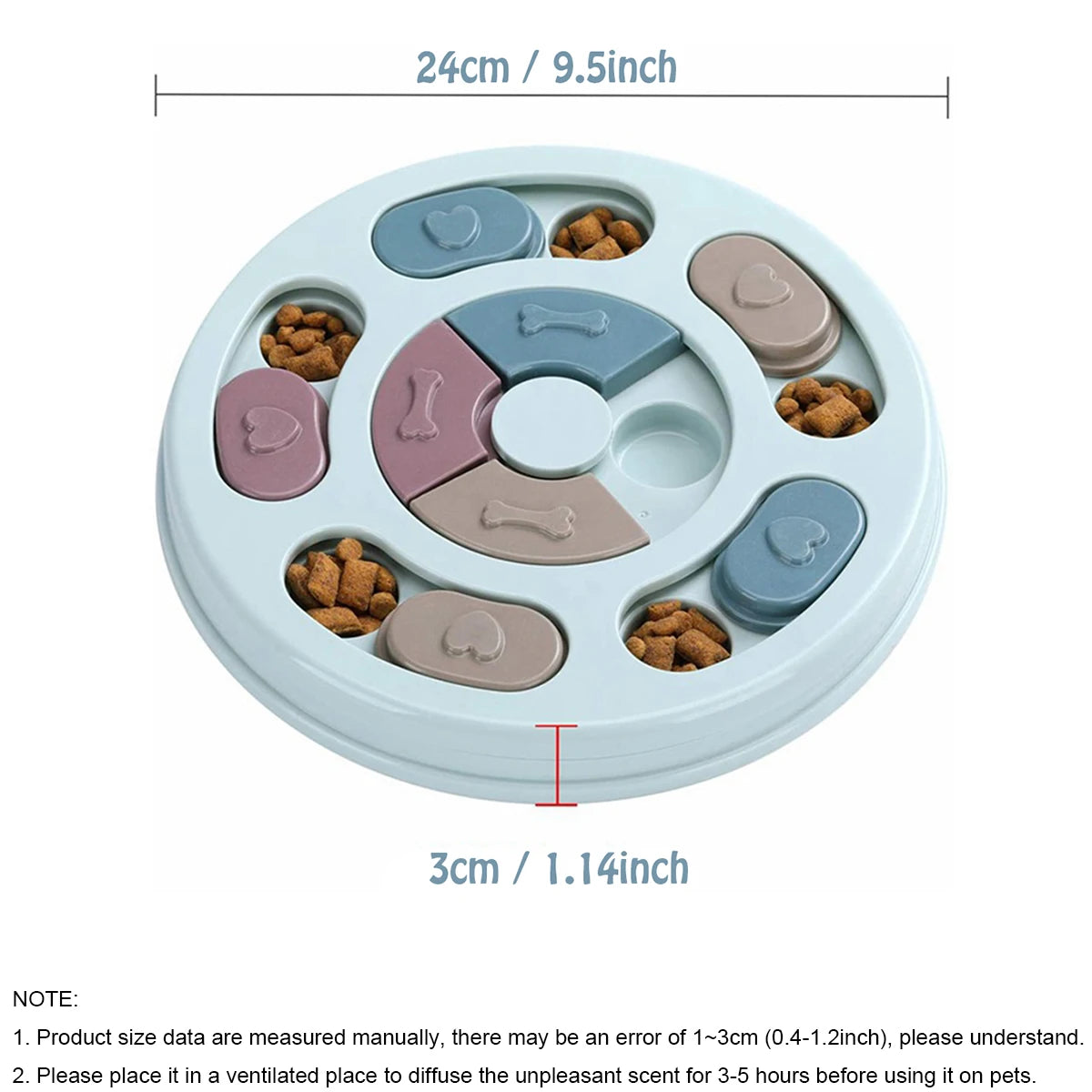 Pastel blue circular interactive dog puzzle bowl with sliding compartments, bone-shaped details, and treat slots.