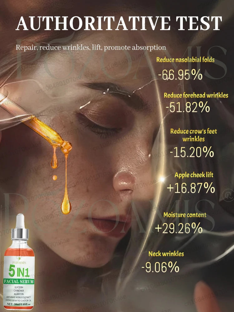 Anti-ageing 5-in-1 facial serum in a 30ml dropper bottle with clinical results on reducing wrinkles and boosting skin.