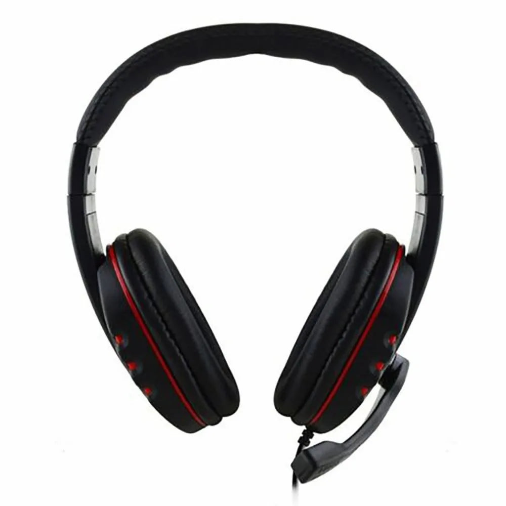 Black wired gaming headset with cushioned ear pads, red trim accents, and an integrated microphone.