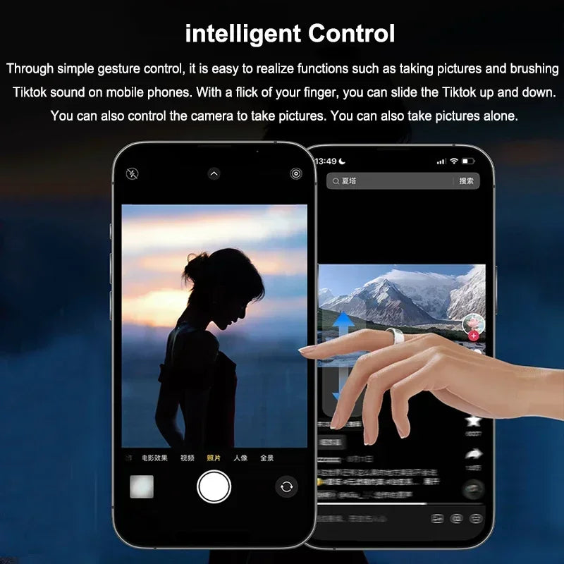 Sleek silver smart ring enabling gesture control for mobile camera and social media scrolling.