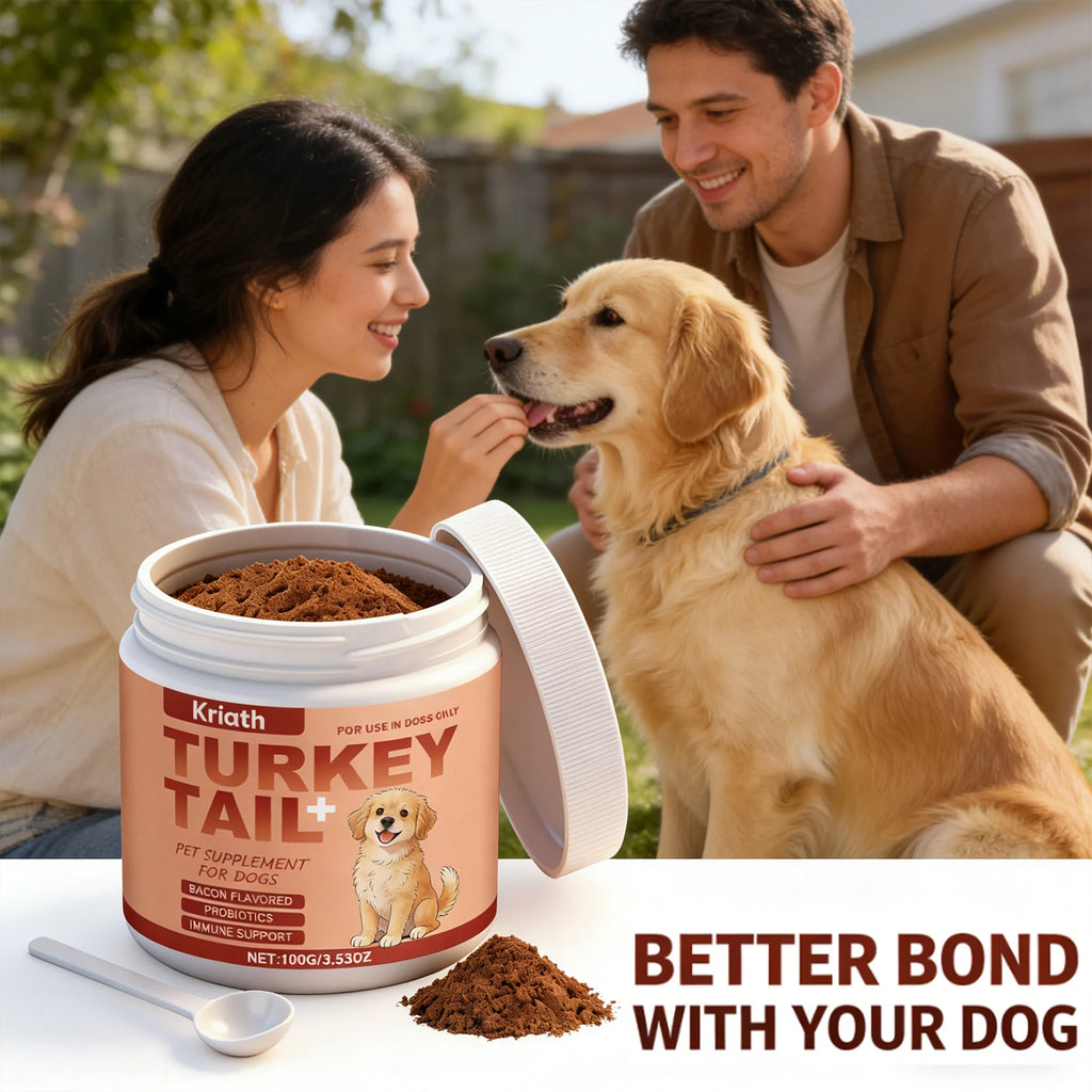 White tub of bacon-flavoured turkey tail dog supplement powder with immune support and probiotics, plus a scoop.