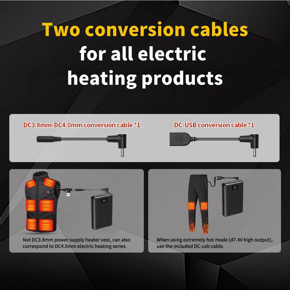 Two conversion cables for a black portable power bank, showing compatibility with heated vests and trousers.