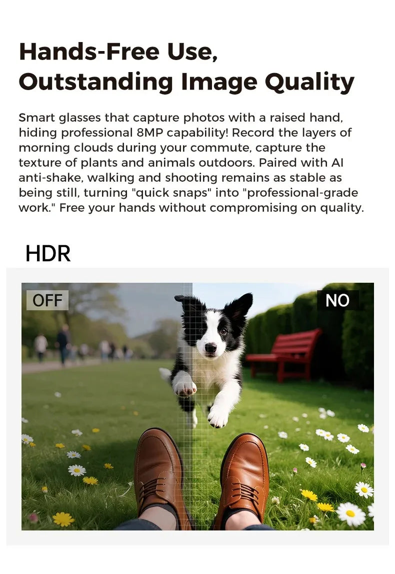 Smart glasses showing a side-by-side HDR comparison of a playful puppy running on grass from a first-person view.