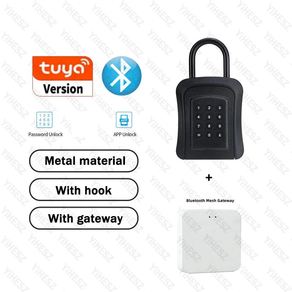 Black metal smart key lock box with keypad, Bluetooth app unlock, and a white Bluetooth mesh gateway.