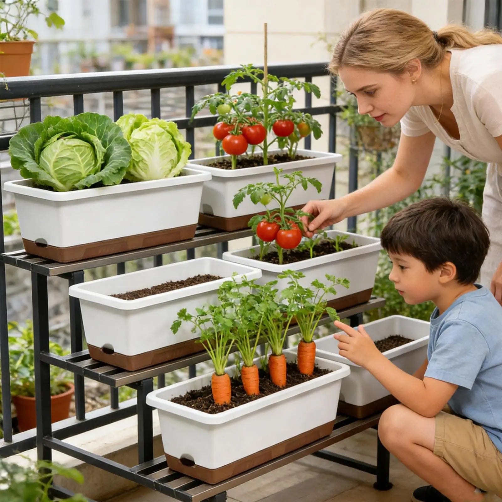 A woman and child tend a tiered stand of white and brown self-watering rectangular planters growing fresh vegetables.
