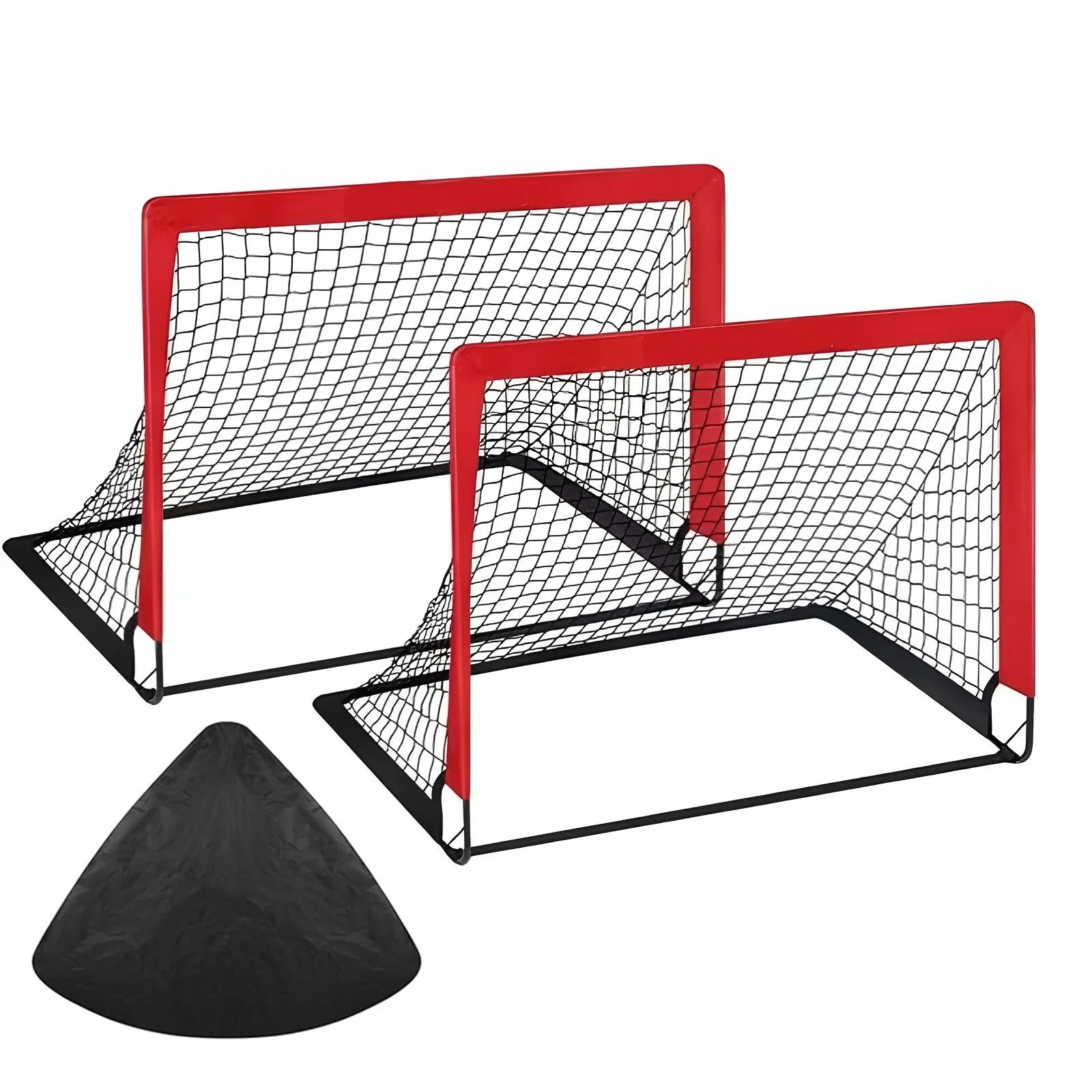 Two portable football goals with red frames, black netting, and a black storage bag against a white background.