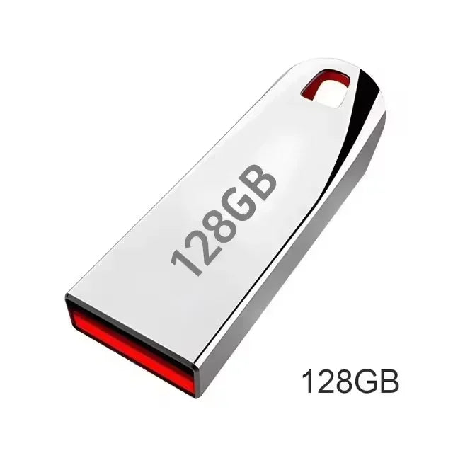 Sleek silver metal 128GB USB flash drive with a red interior and a handy loop for attachment.
