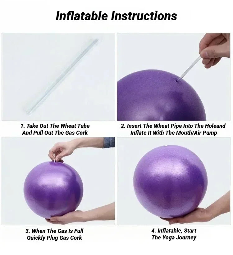 Four-step infographic showing how to inflate a purple yoga ball using a small plastic straw.