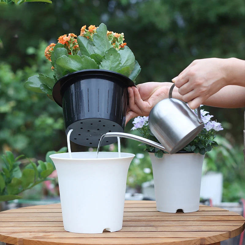 A hand pours water into a white, double-layer self-watering pot holding a black inner pot with an orange flowering plant.