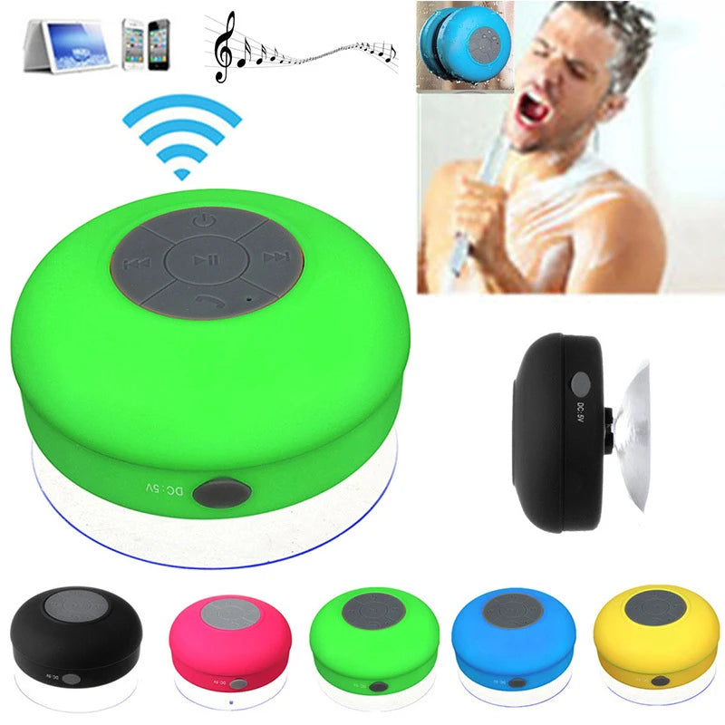 Wireless waterproof Bluetooth speaker with a suction cup, available in various bright colours with top-mounted controls.