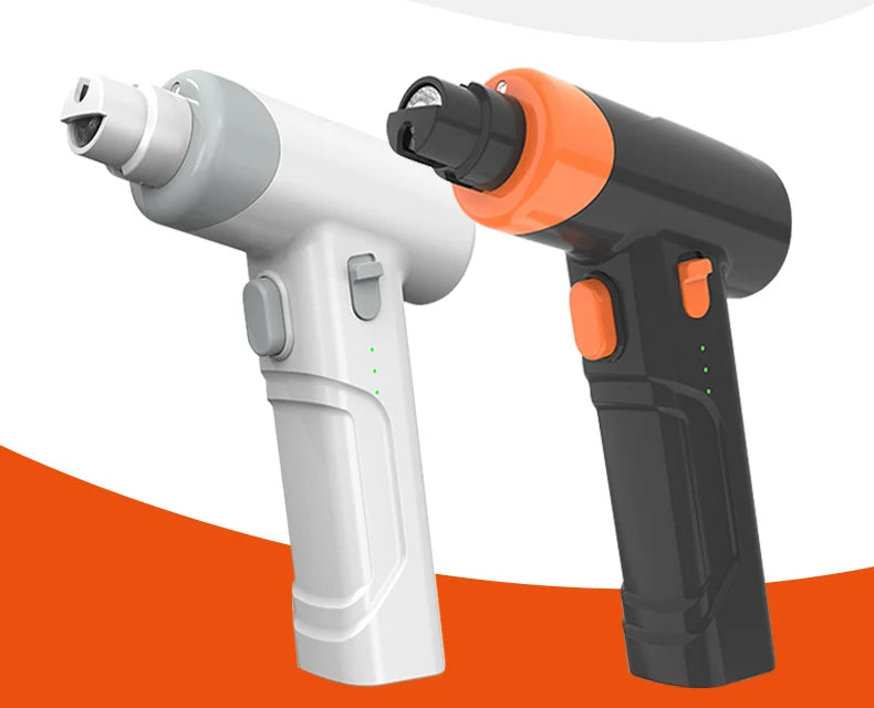 Two electric pet nail grinders in white and black/orange, featuring an ergonomic handheld design with speed controls.
