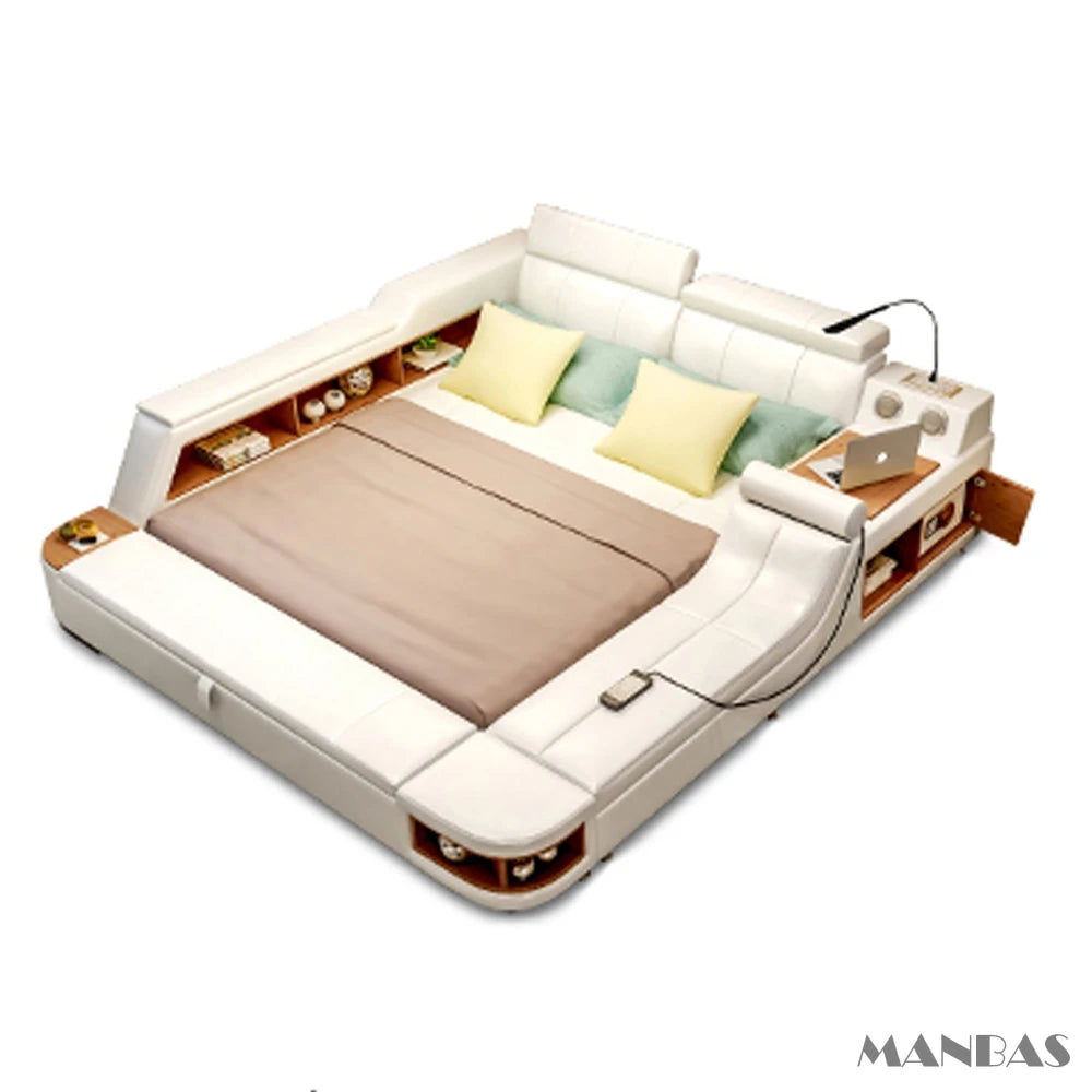 Luxury white leather smart bed frame with built-in storage, integrated shelving, reading light, and charging ports.