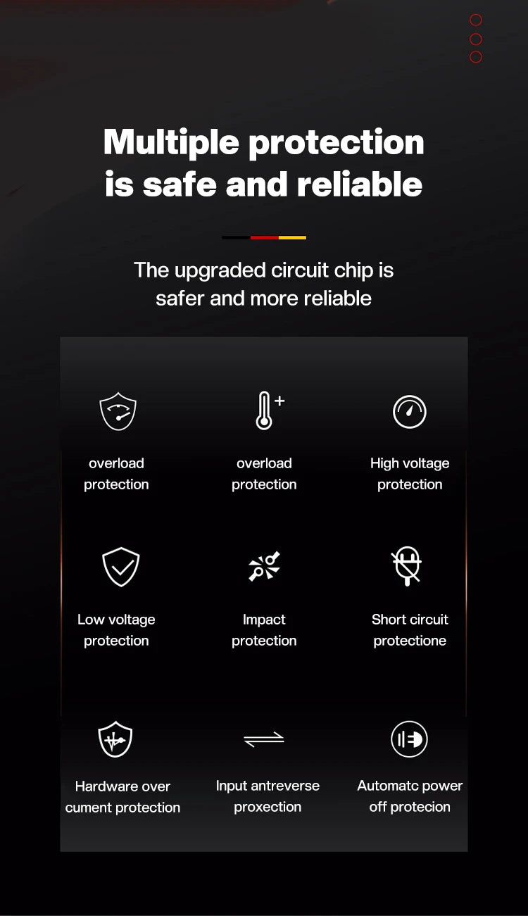 Black infographic showing nine white icons for power inverter safety features like overload and short-circuit protection.