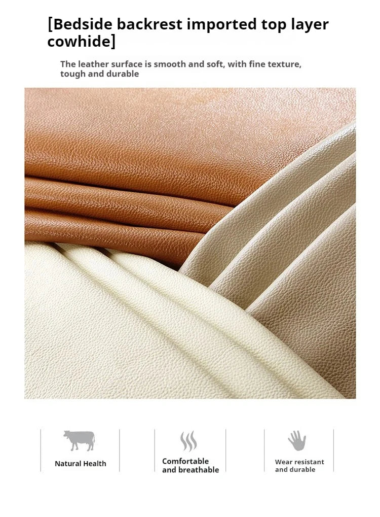 Close-up of smooth, durable tan and cream-coloured cowhide leather with a fine texture for a modern bed backrest.