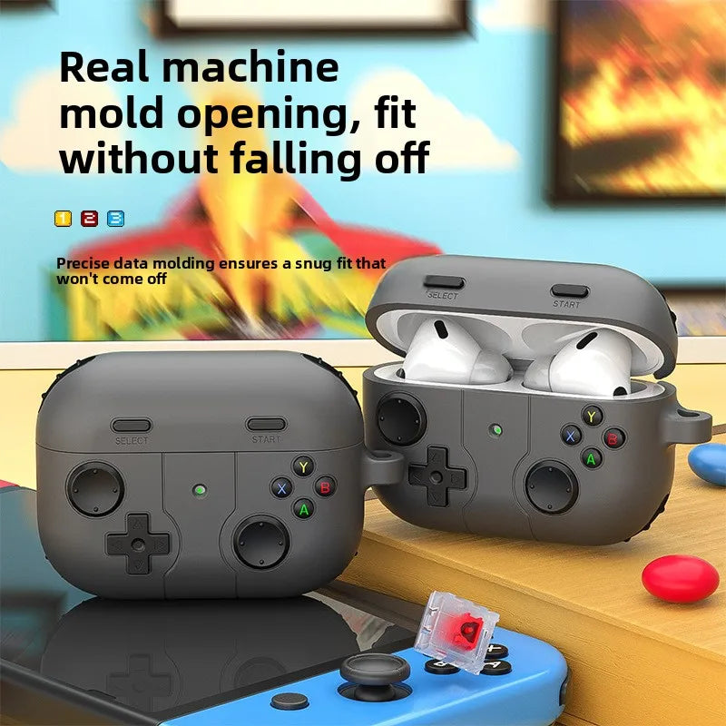 Grey retro games console-style silicone case for AirPods Pro, featuring controller buttons and a secure fit.