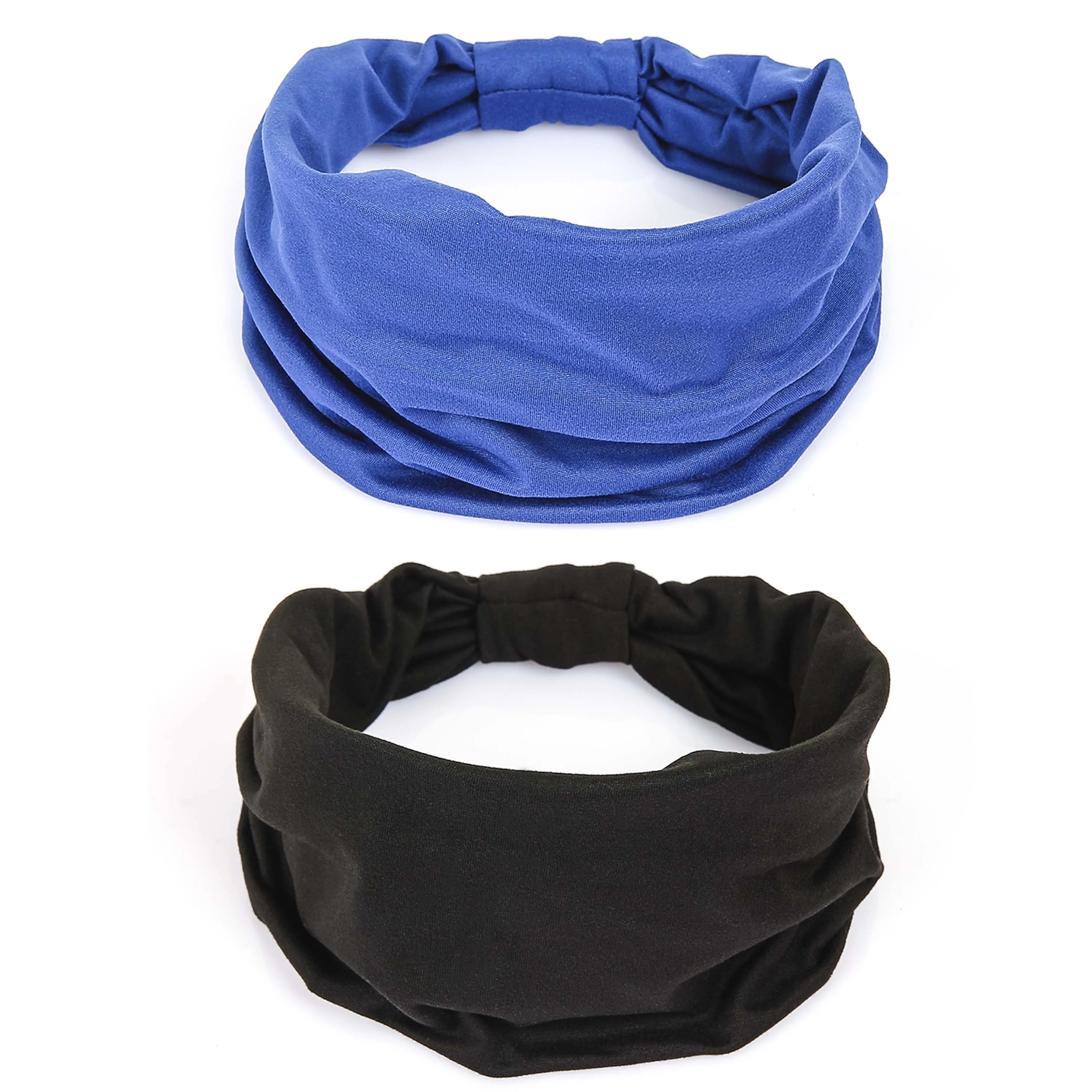 Two elasticated fabric headbands, one royal blue and one black, both with a ruched back detail.
