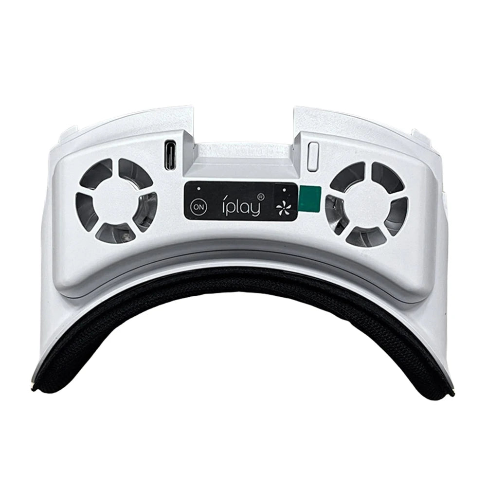 White cooling fan accessory for Meta Quest 3 with dual vents, USB-C port, and black facial interface.