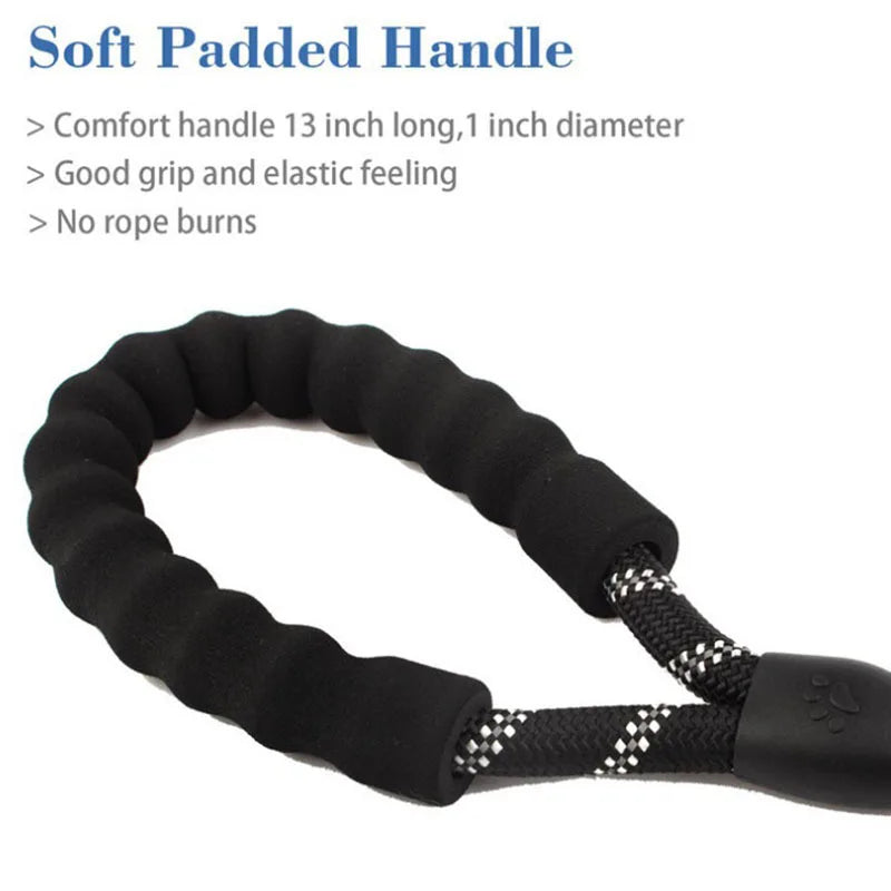 Black heavy-duty dog leash with a textured, comfortable padded foam handle and reflective woven rope detailing.