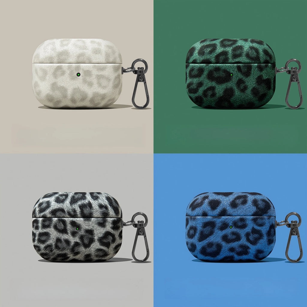 Four leopard-print velvet AirPods Pro cases with metal carabiner clips, shown in white, green, grey, and blue.