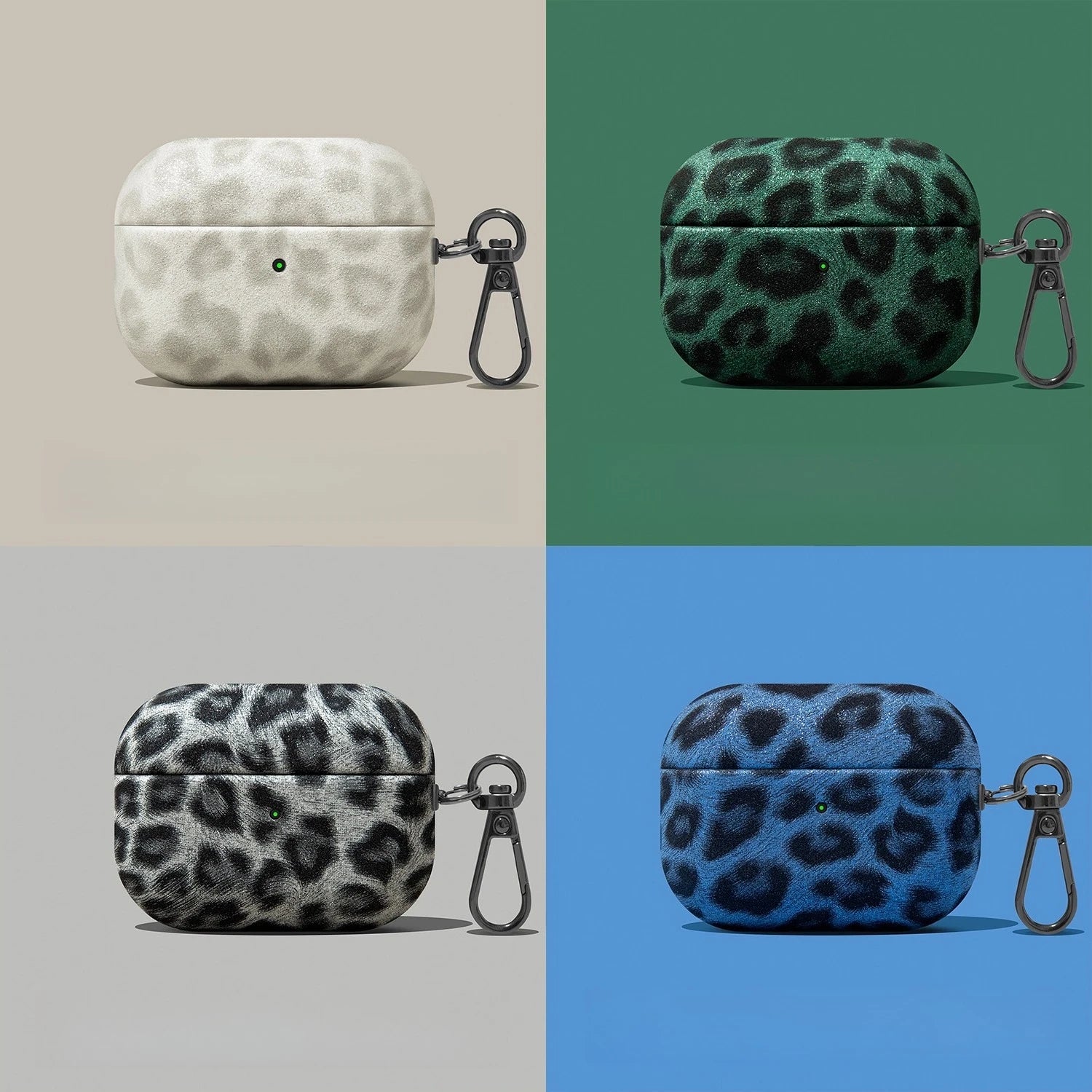 Four leopard-print velvet AirPods Pro cases with metal carabiner clips, shown in white, green, grey, and blue.