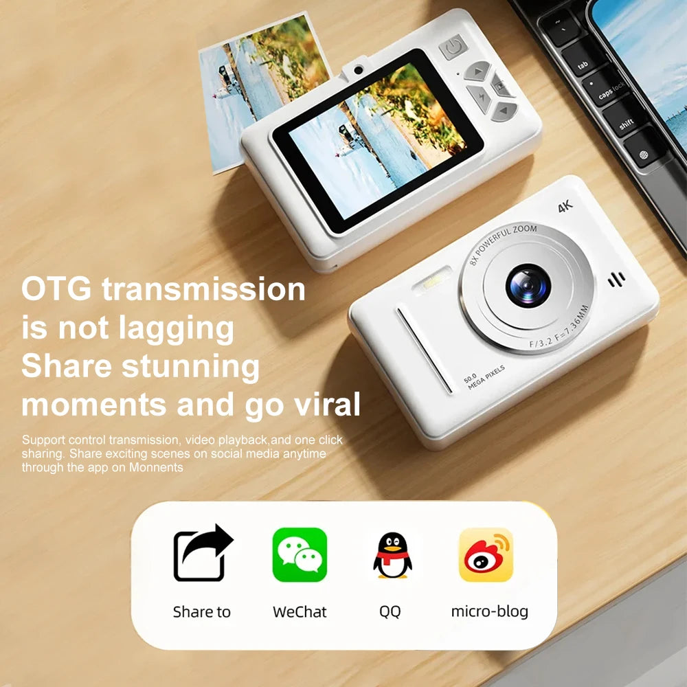 White plastic 4K digital camera with 8x zoom lens and LCD screen, shown with printed photos and social share icons.