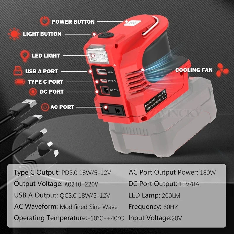 Red 180W power inverter with LED light, cooling fan, AC, DC, USB-A, and USB-C ports for 18V batteries.